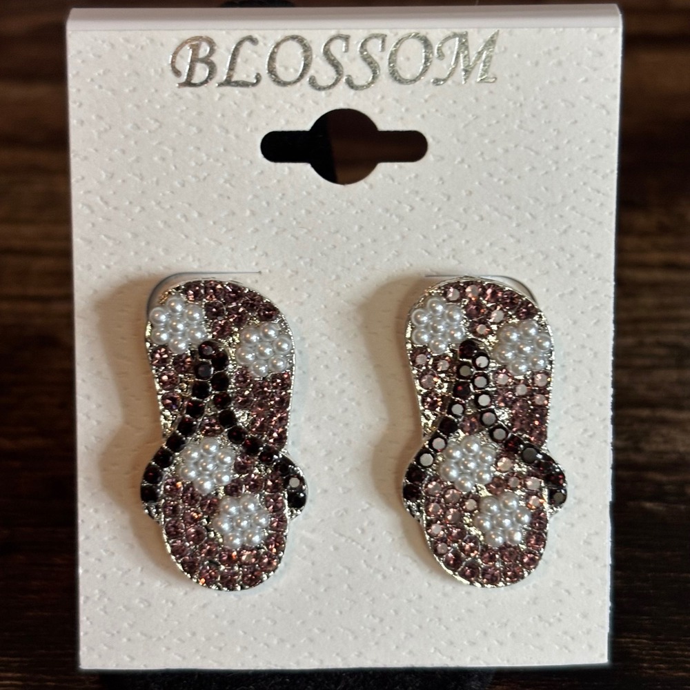 Blossom Pink Rhinestone Faux Pearl Flip Flop Stud Earrings Silver Tone Summer